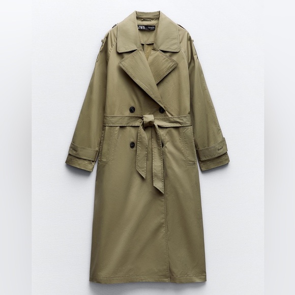 ZARA Oversized Belted Double Breasted Trench Coat Khaki Taupe Green size XSmall - Picture 5 of 16